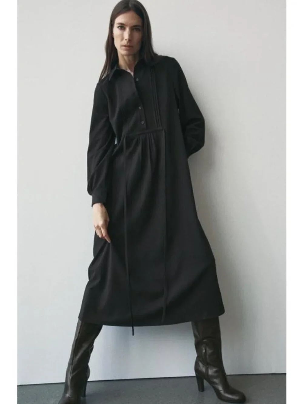 Zara Womens Button Up Shirt Dress Size XL Black Midi Tie Pleated 2678/246 NWT